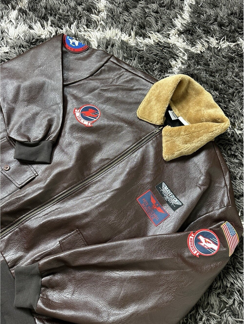 Top Gun Maverick Flight Bomber Jacket Faux Leather Fur Collar Adult Standard